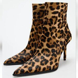 ZARA ANIMAL PRINT LEATHER HEELED ANKLE BOOTS